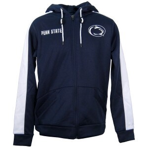 navy full zip hooded sweatshirt, white tops of arms, Penn State and Athletic Logo